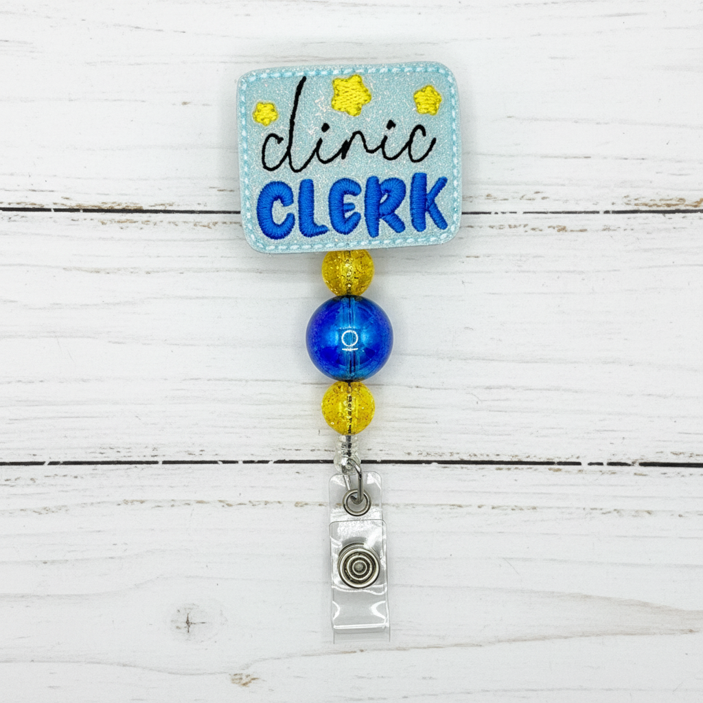 Badge holder with 'Clinic Clerk' text on a blue background
