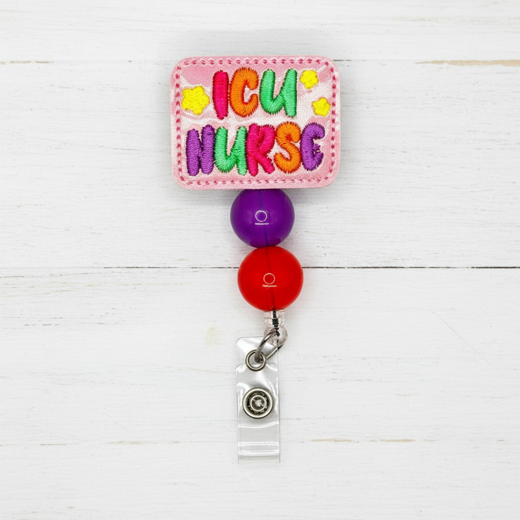 Colorful badge holder with 'ICU Nurse' text on a white background