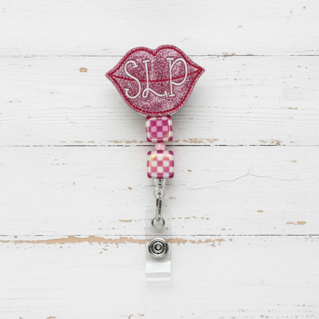 Speech Language Pathology Lips Badge Reel, handmade retractable ID badge reel