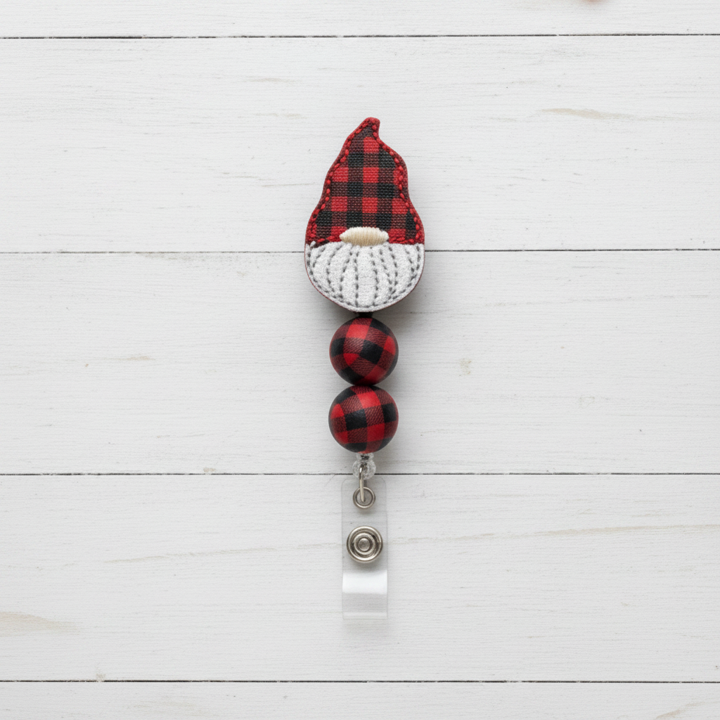 Buffalo Plaid Hat Gnome Beaded Badge Reel, handmade retractable ID badge reel