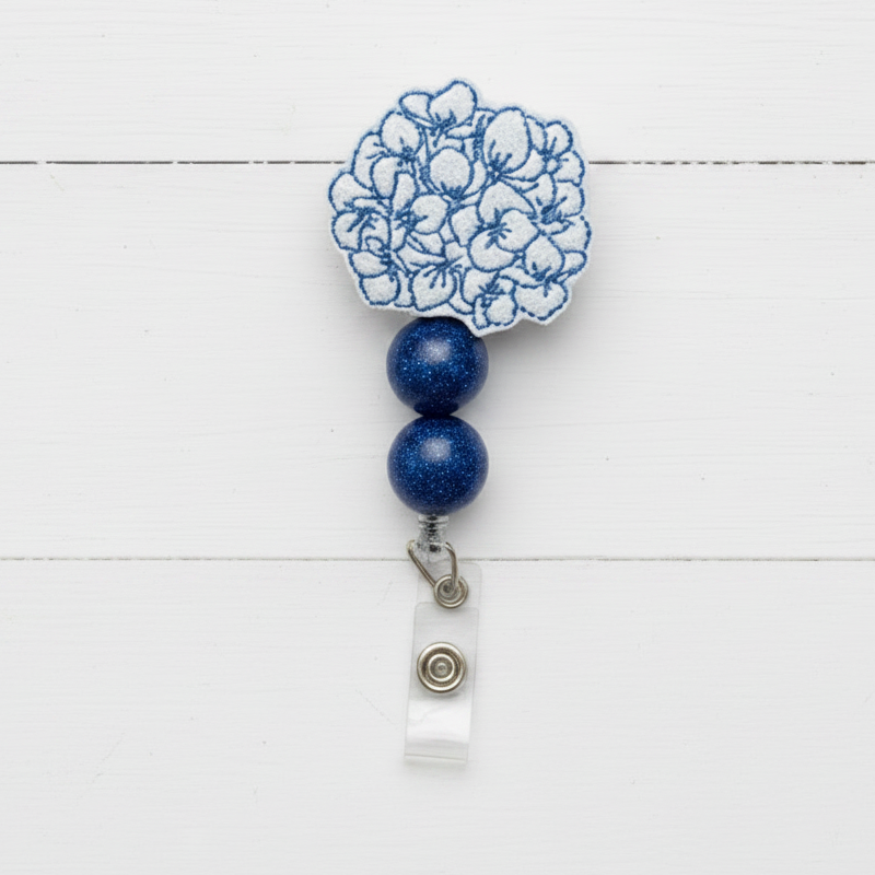 Hydrangeas Badge Reel, handmade retractable ID badge reel