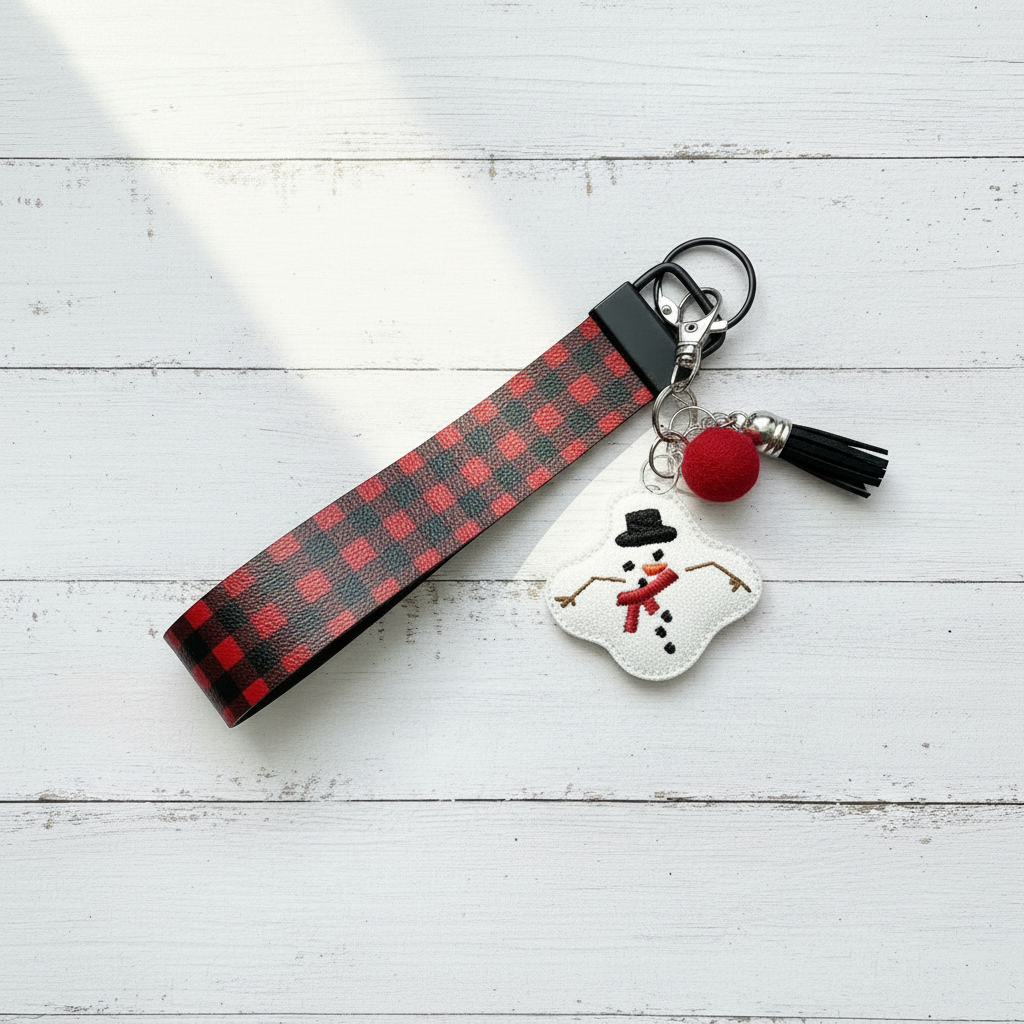 Snowman Keychain and Buffalo Plaid Wristlet, handmade keychain wristlet