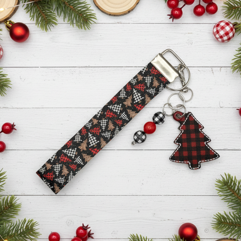 Buffalo Plaid Christmas Tree Keychain and Wristlet, handmade keychain wristlet - view 2