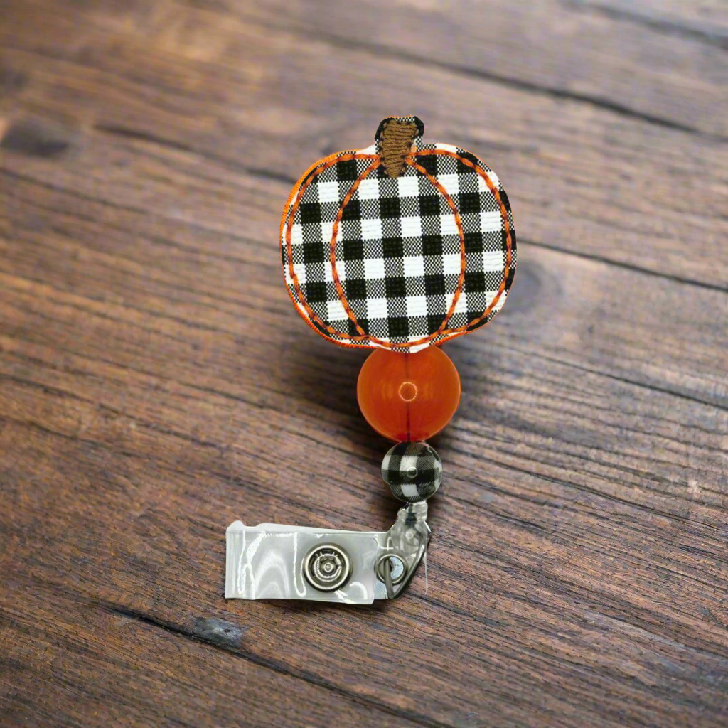 Plaid Pumpkin Beaded Badge Reel