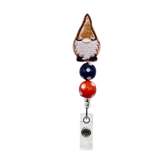 Black and Orange Gnome Polka Dot Beaded Badge Reel