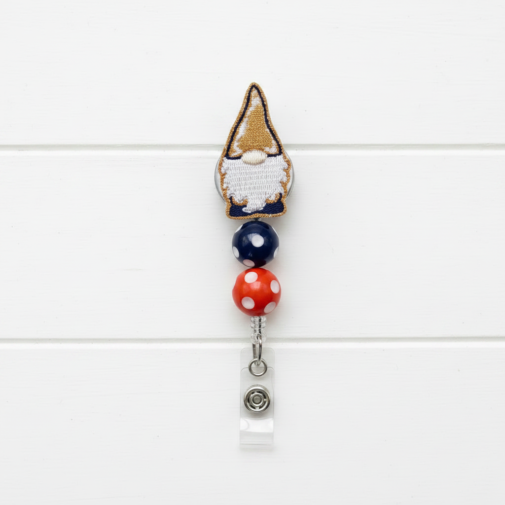 Black and Orange Gnome Polka Dot Beaded Badge Reel