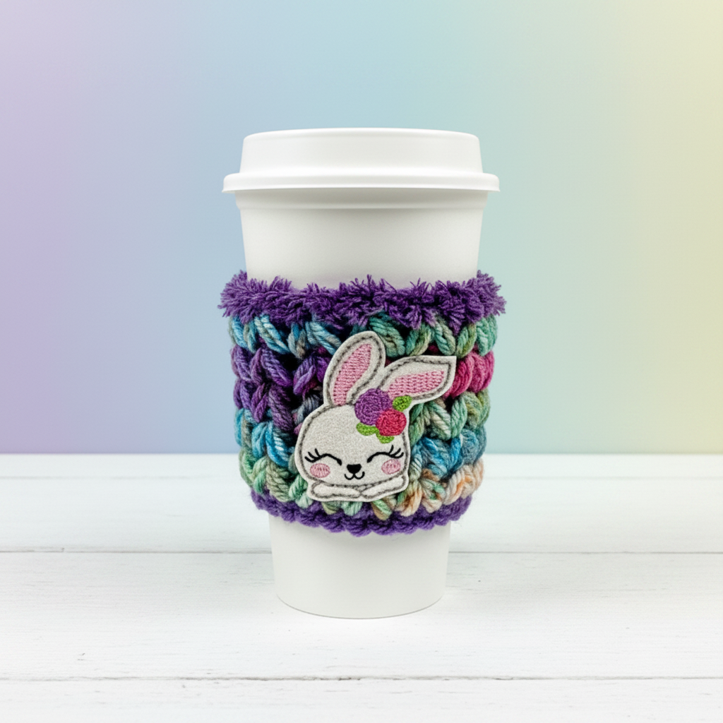 Bunny with Flowers Crocheted Coffee Cozy, handmade drink sleeve