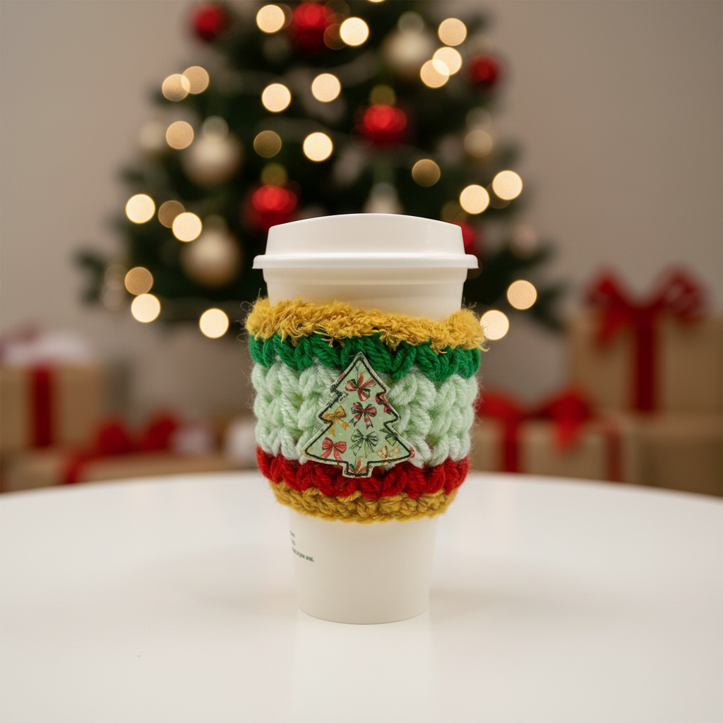Bow Christmas Tree Coffee Cozy, handmade drink sleeve - view 2