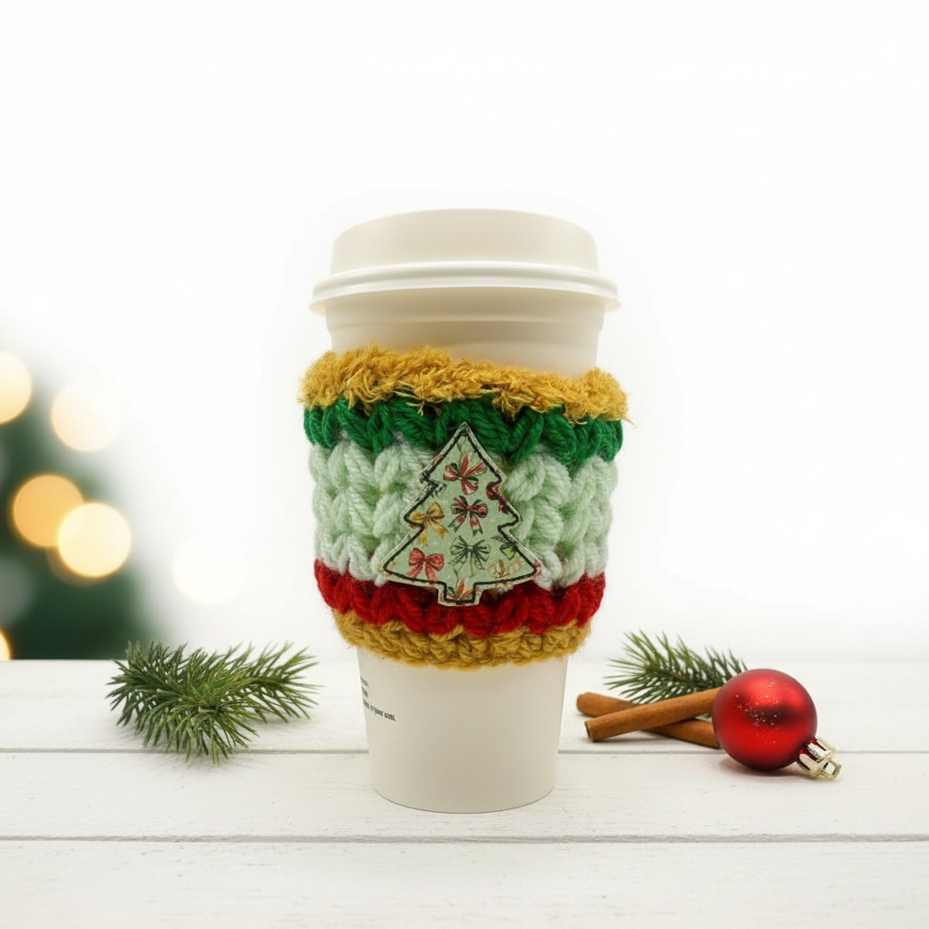 Bow Christmas Tree Coffee Cozy, handmade drink sleeve