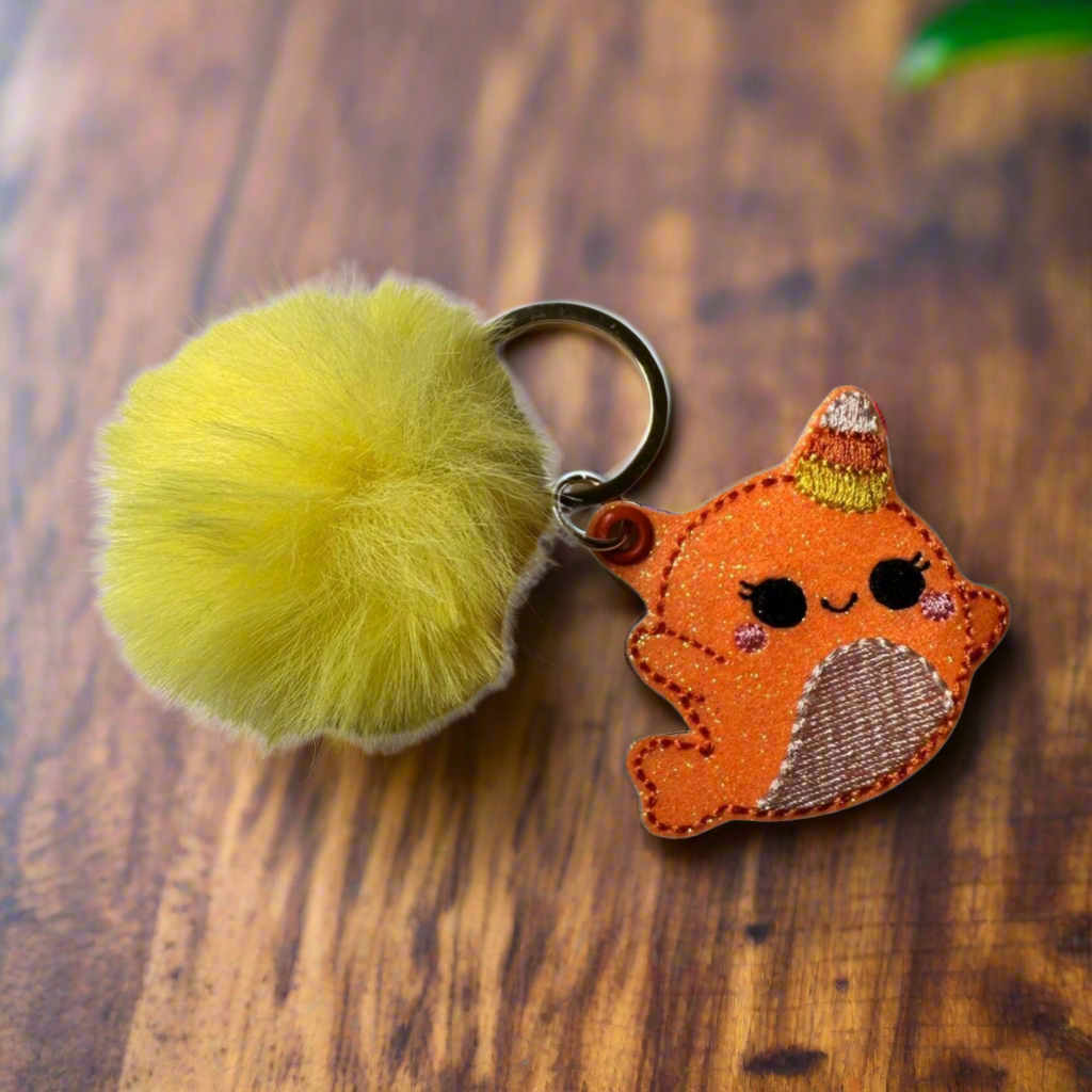 Candy Cane Narwal Pom Pom Keychain