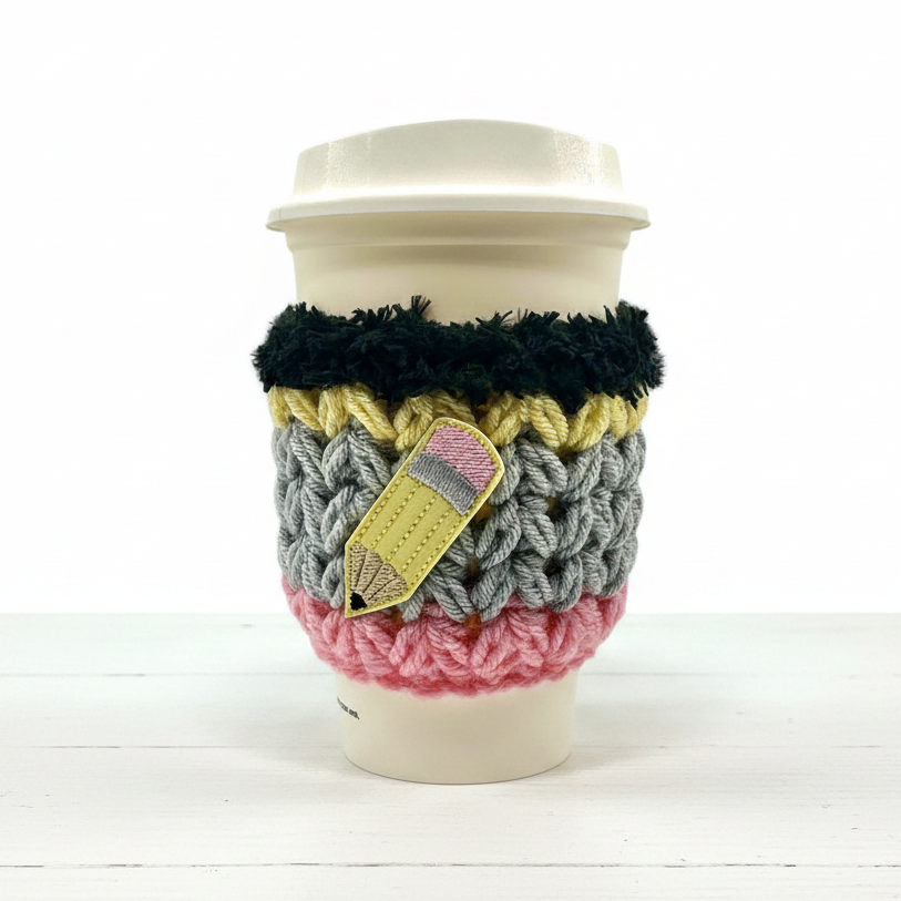 Pencil Crocheted Coffee Cozy, handmade drink sleeve