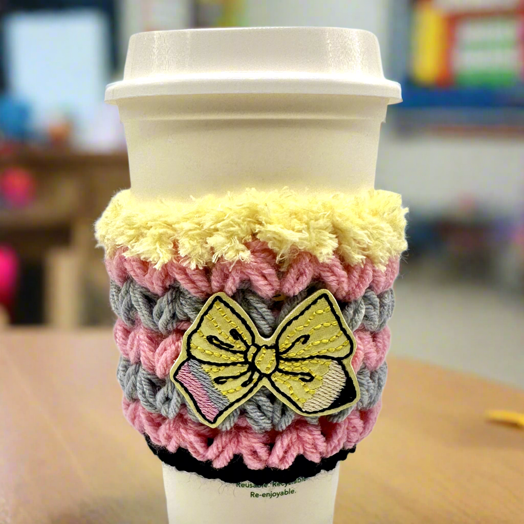 Pencil Bow Crocheted Coffee Cozy