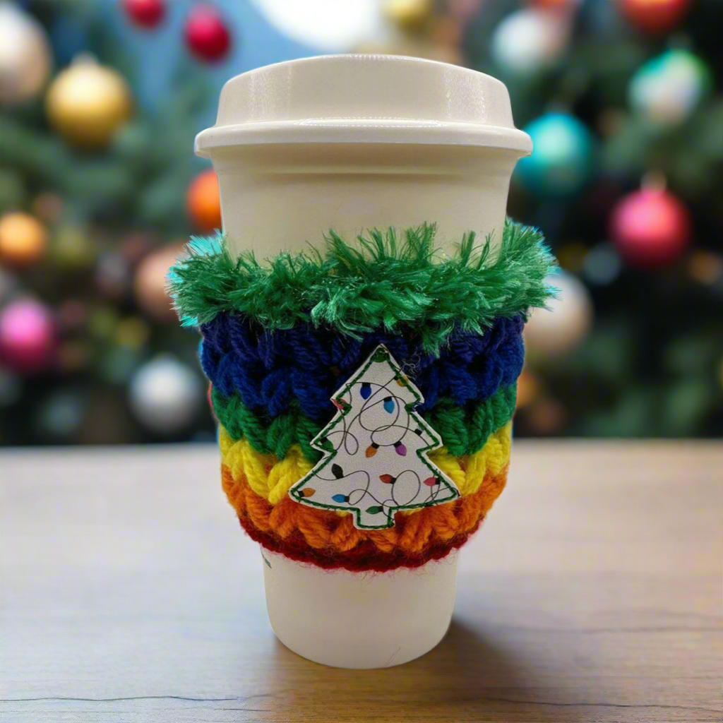 Rainbow Light Tree Coffee Cozy, handmade drink sleeve - view 3