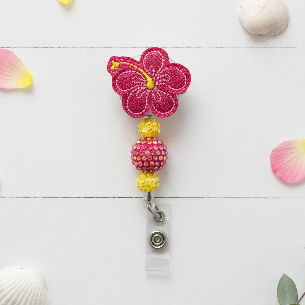 Red Hibiscus Beaded Badge Reel