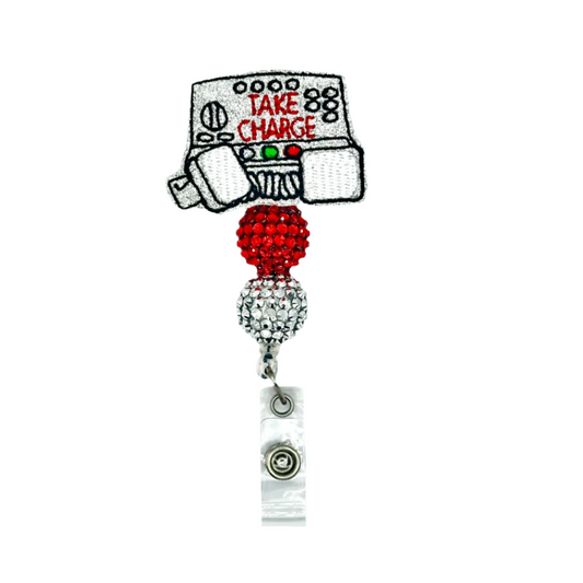 Badge holder with 'Take Charge' design on a white background