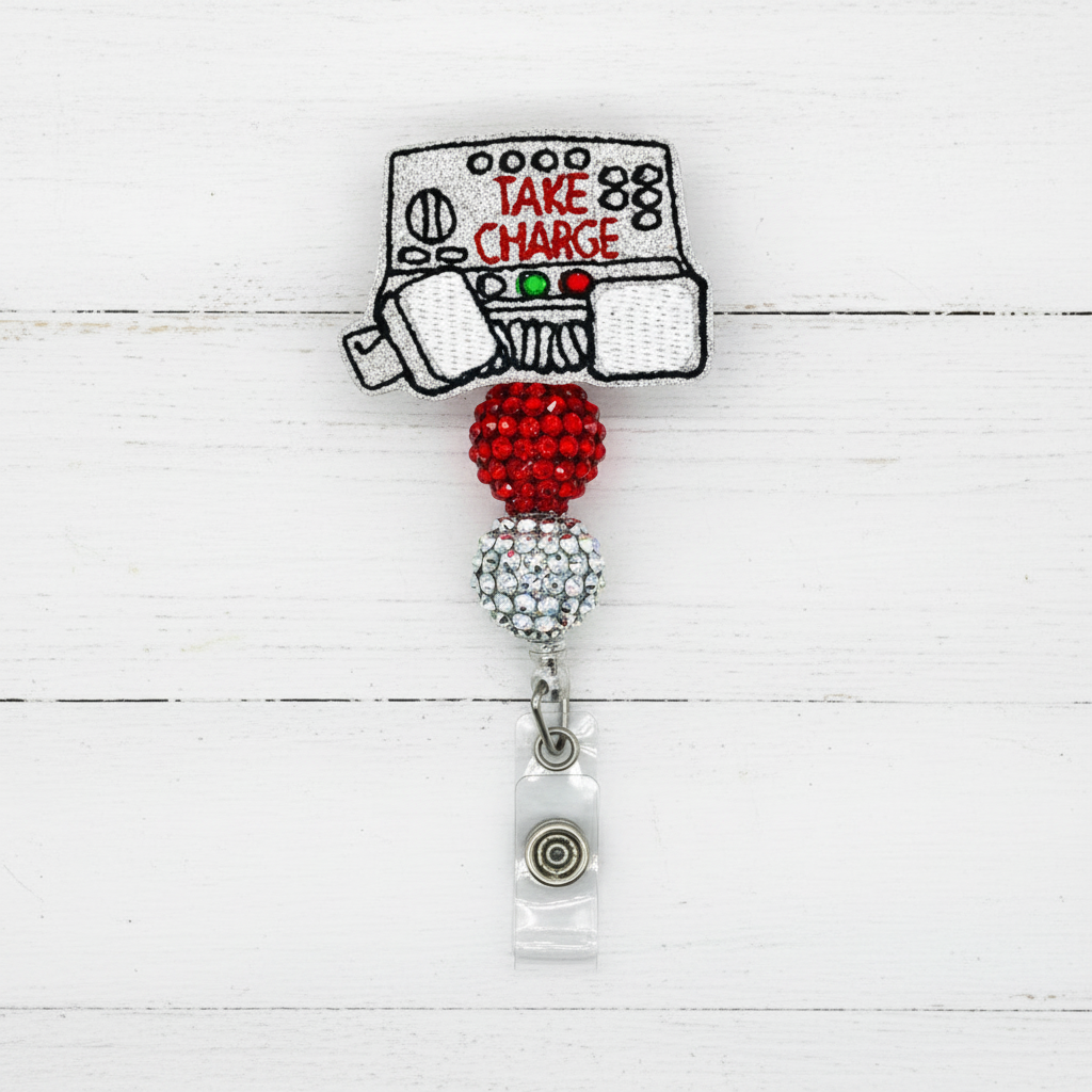 Badge holder with 'Take Charge' design on a white background