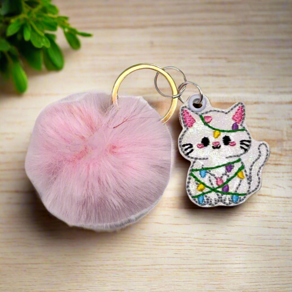Christmas Light Kitten Pom Pom Keychain