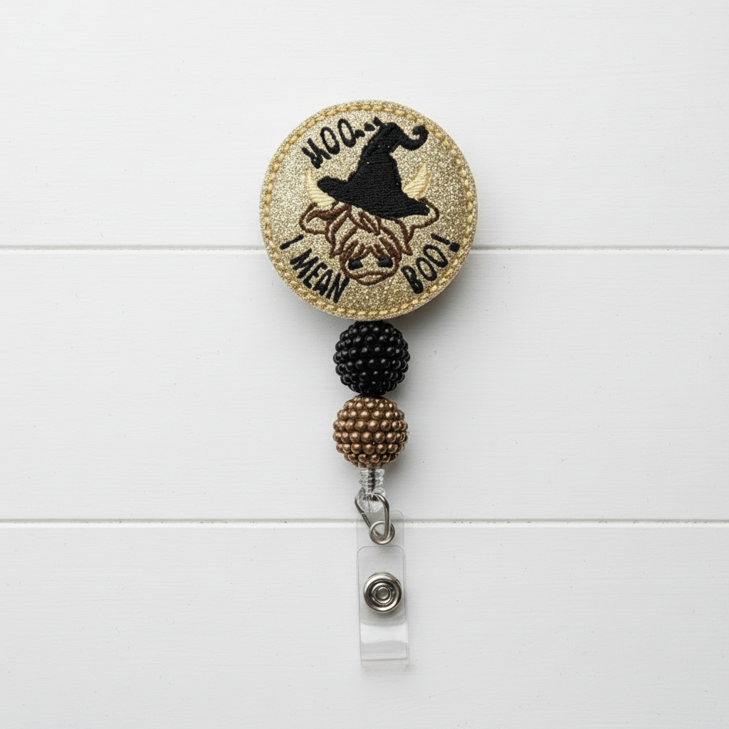 Moo! I mean Boo! Badge Reel, handmade retractable ID badge reel