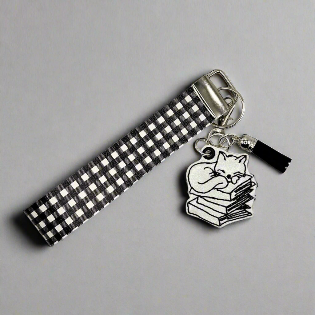 Cat on Books Keychain and Wristlet, handmade keychain wristlet - view 2