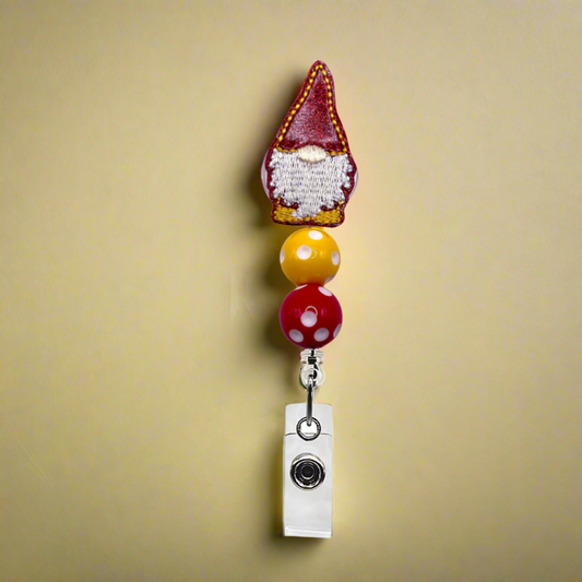 Red and Gold Gnome Polka Dot Beaded Badge Reel