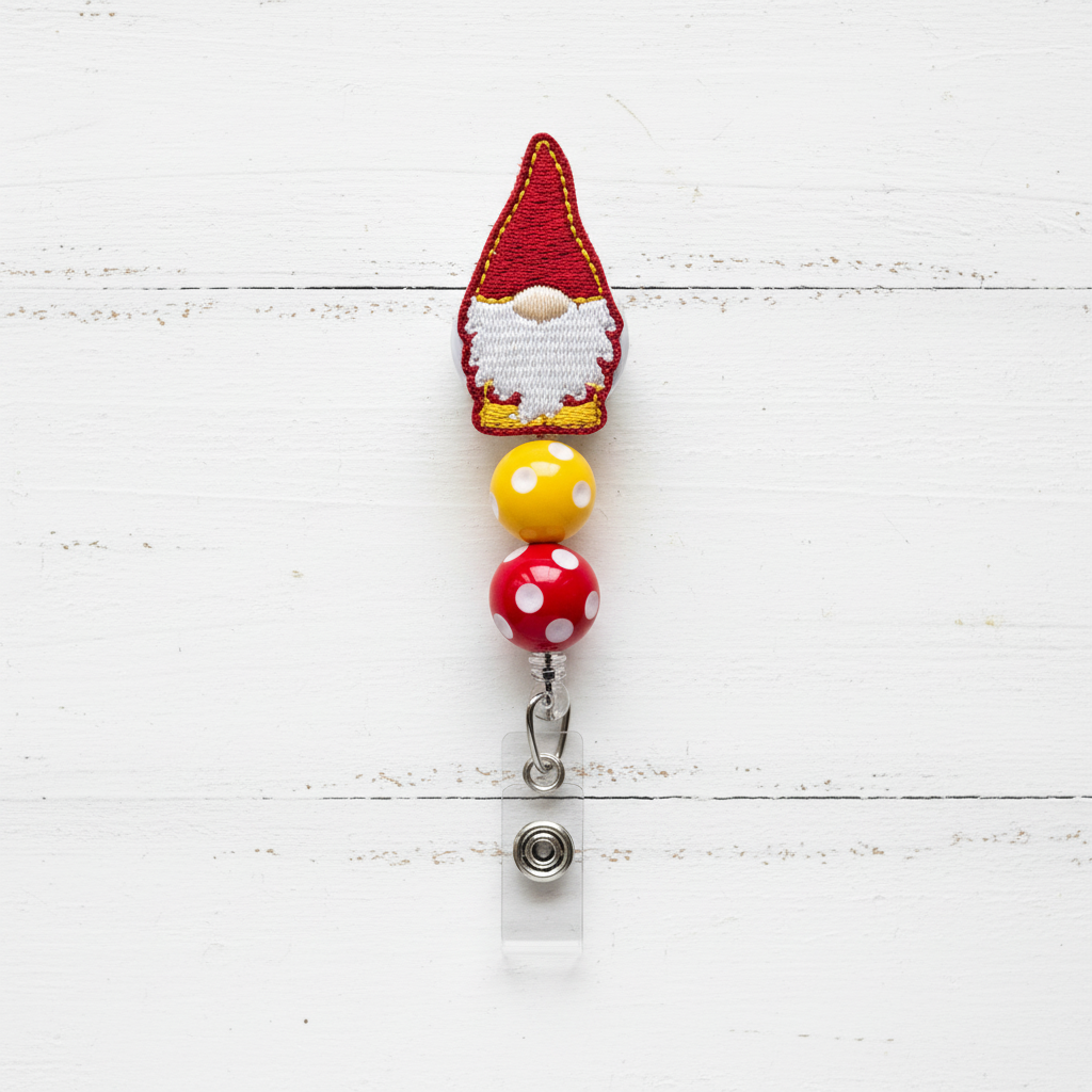 Red and Gold Gnome Polka Dot Beaded Badge Reel