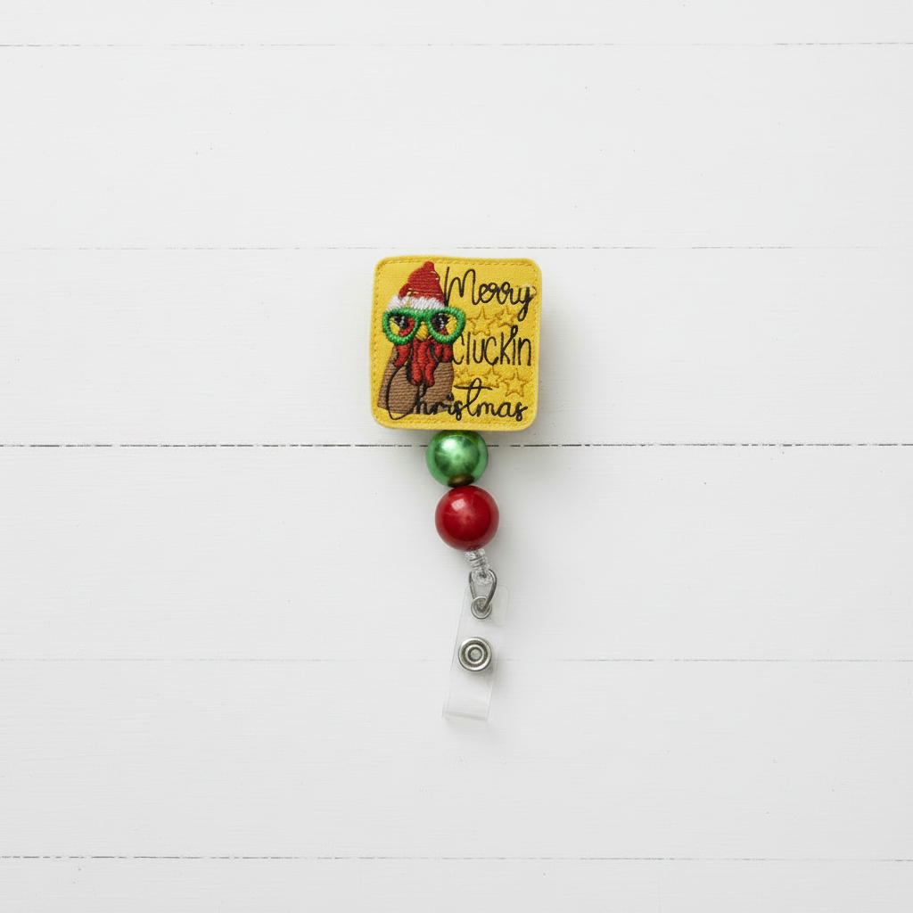 Merry Clucking Christmas Badge Reel, handmade retractable ID badge reel