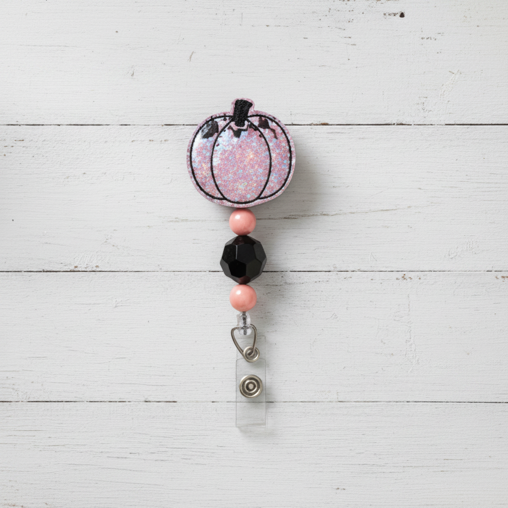Leopard Pumpkin Beaded Badge Reel, handmade retractable ID badge reel