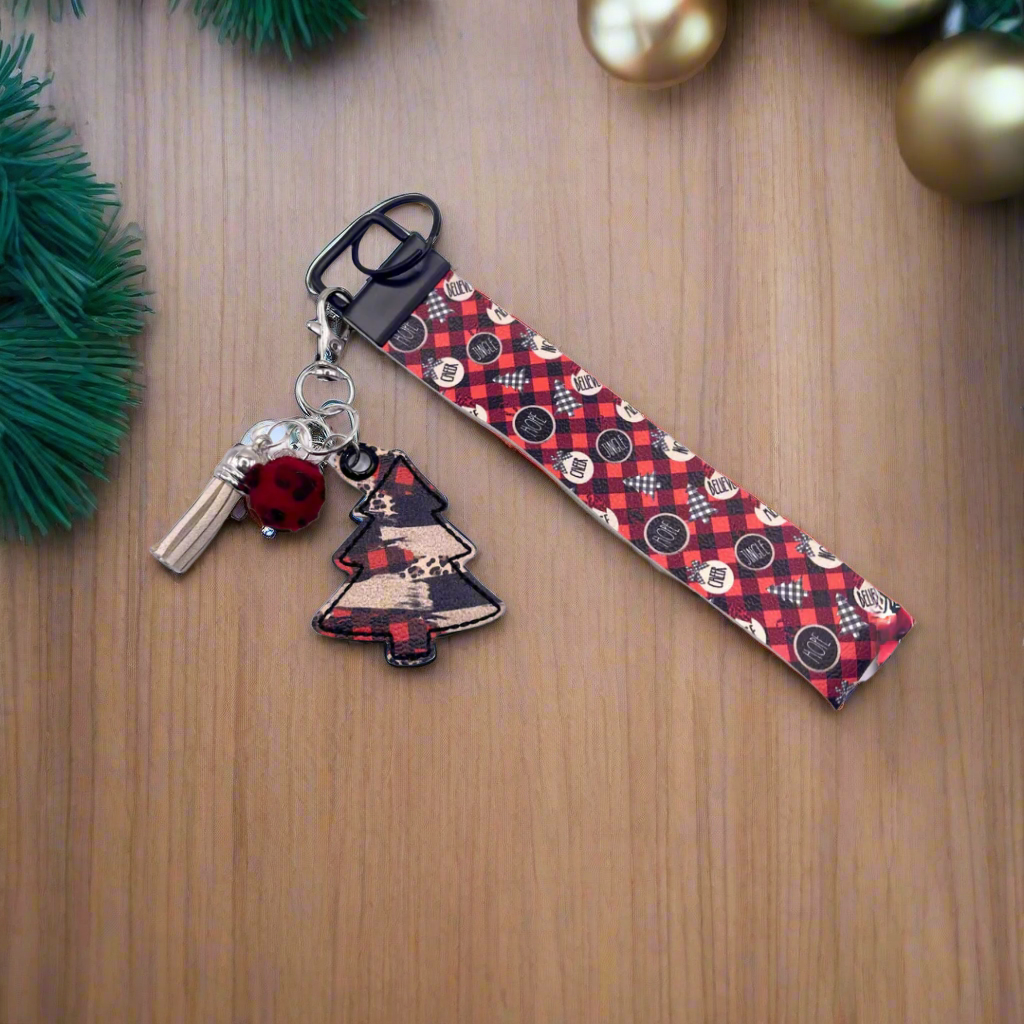 Plaid and leopard tree keychain and wristlet