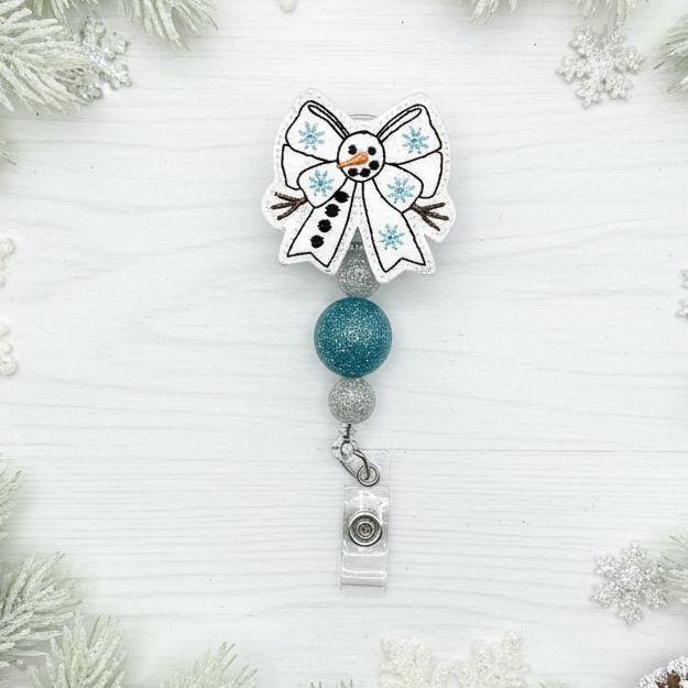 Snowman Bow Badge Reel, handmade retractable ID badge reel