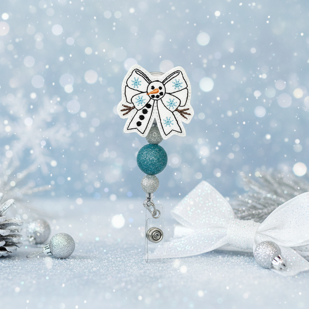 Snowman-themed badge holder with a bow and beads on a white background