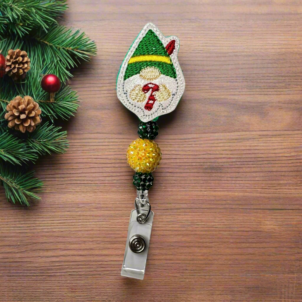 Candy Cane Gnome Beaded Badge Reel