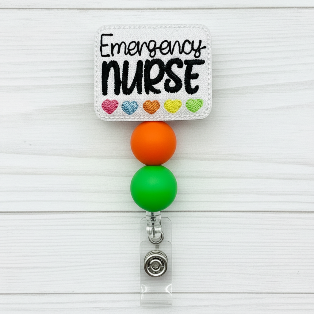 Badge holder with 'Emergency Nurse' text and colorful beads on a white background