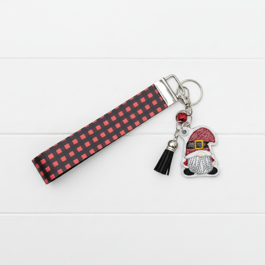 Santa Gnome Keychain with Buffalo Plaid Wristlet, handmade keychain wristlet