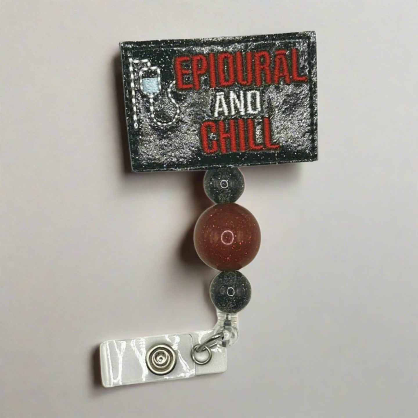 Epidural and Chill Beaded Badge Reel