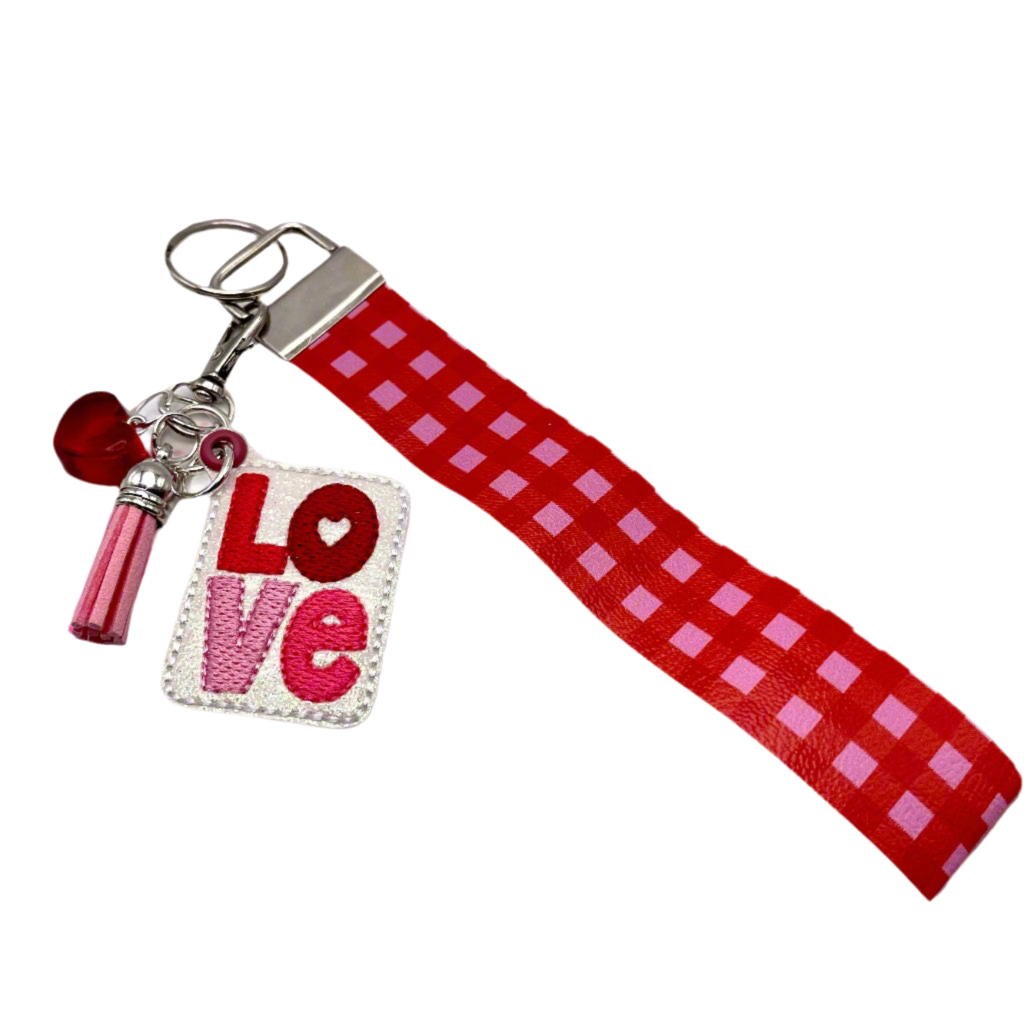 Love Keychain with Red and Pink Plaid Wristlet
