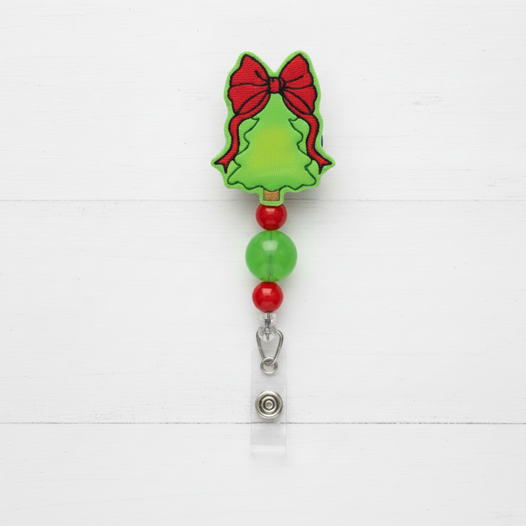 Tree with Red Bow Beaded Badge Reel