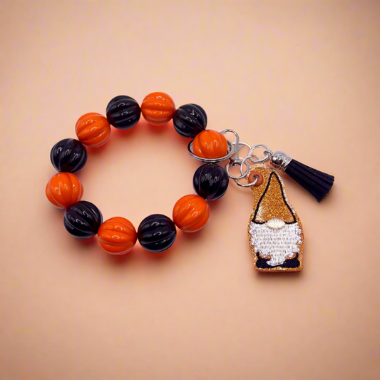Orange and Black Gnome Keychain with Beaded Wristlet