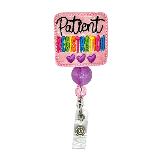 Badge holder with 'Patient Menstruation' text on a pink background