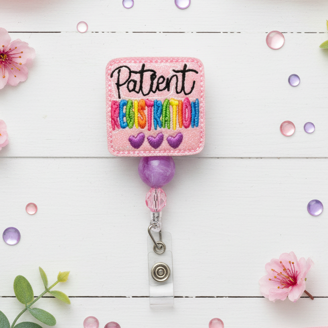 Badge holder with 'Patient Menstruation' text on a pink background