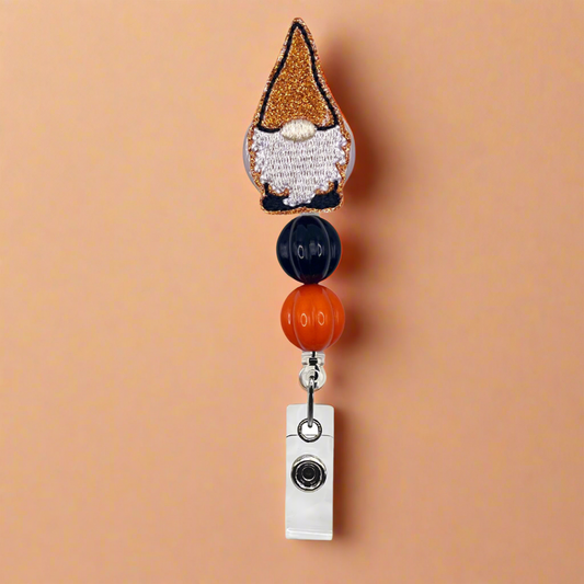 Black and Orange Gnome Beaded Badge Reel