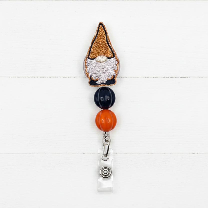 Black and Orange Gnome Beaded Badge Reel