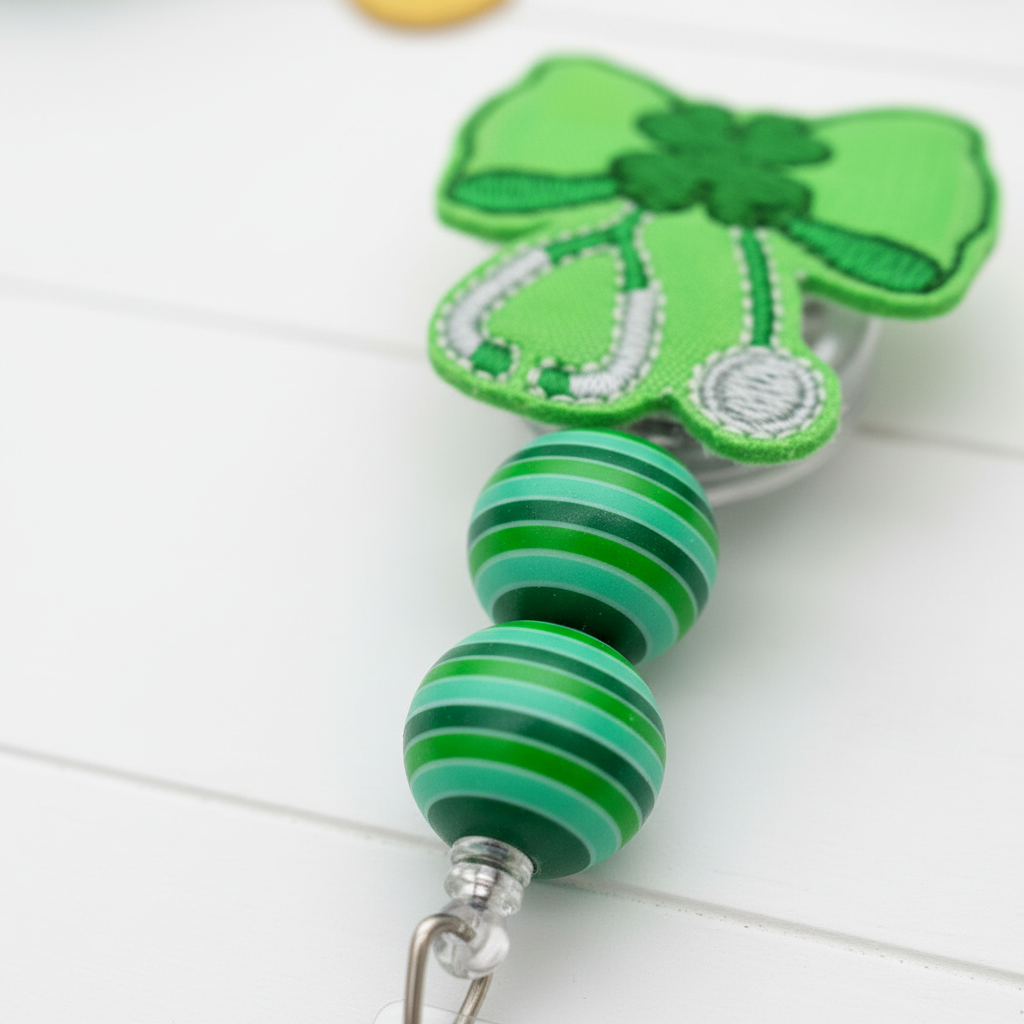 Shamrock Stethoscope Bow Badge Reel