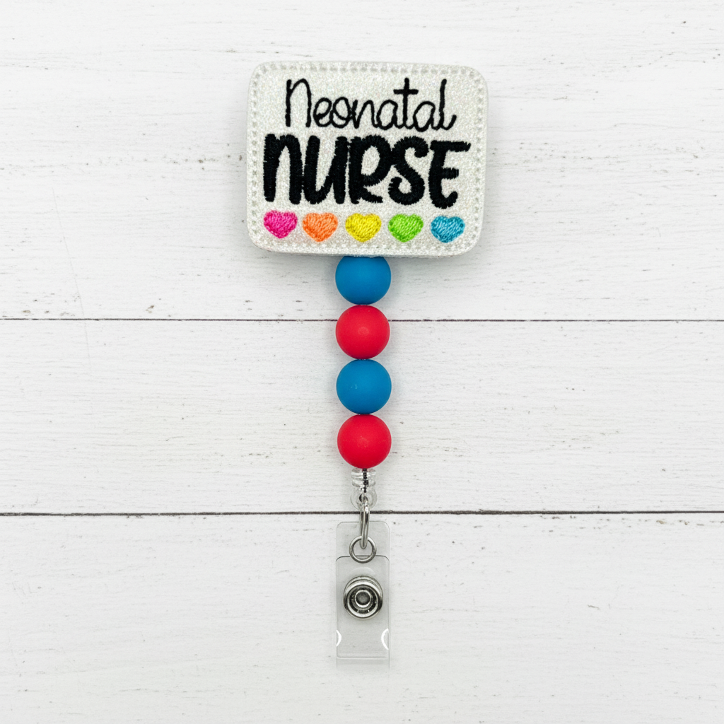 Neonatal Nurse badge holder with colorful beads on a white background