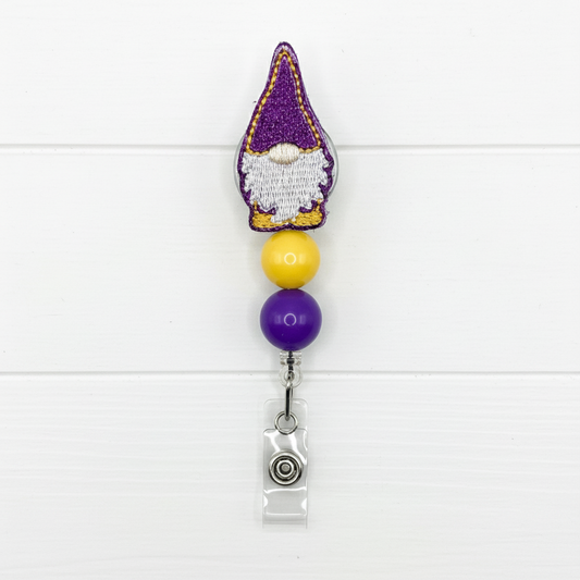 Purple and Gold Gnome Beaded Badge Reel
