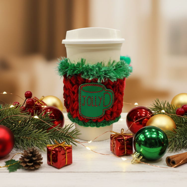 Green Jolly Mug Coffee Cozy, handmade drink sleeve - view 2
