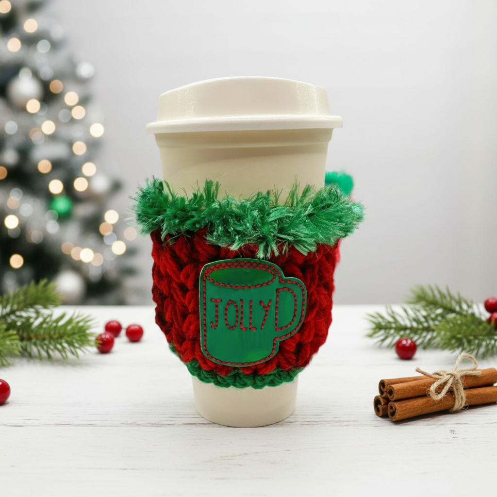 Green Jolly Mug Coffee Cozy, handmade drink sleeve