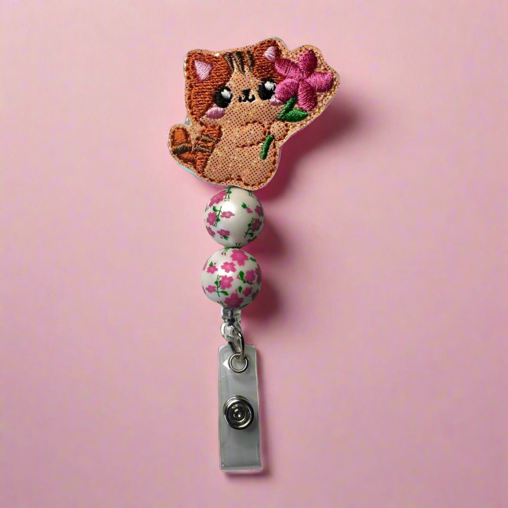 Cat with Flower Badge Reel
