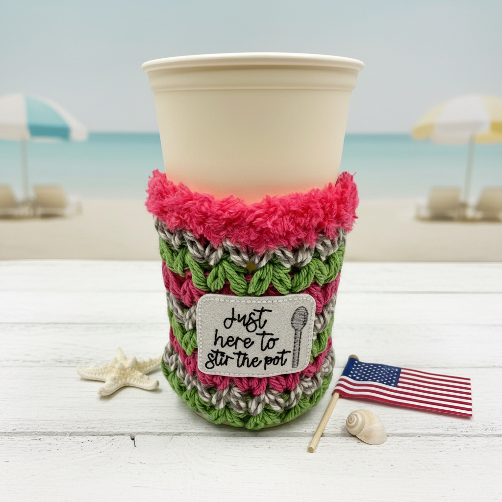 Just here to stir the pot cold cup cozy, handmade drink sleeve