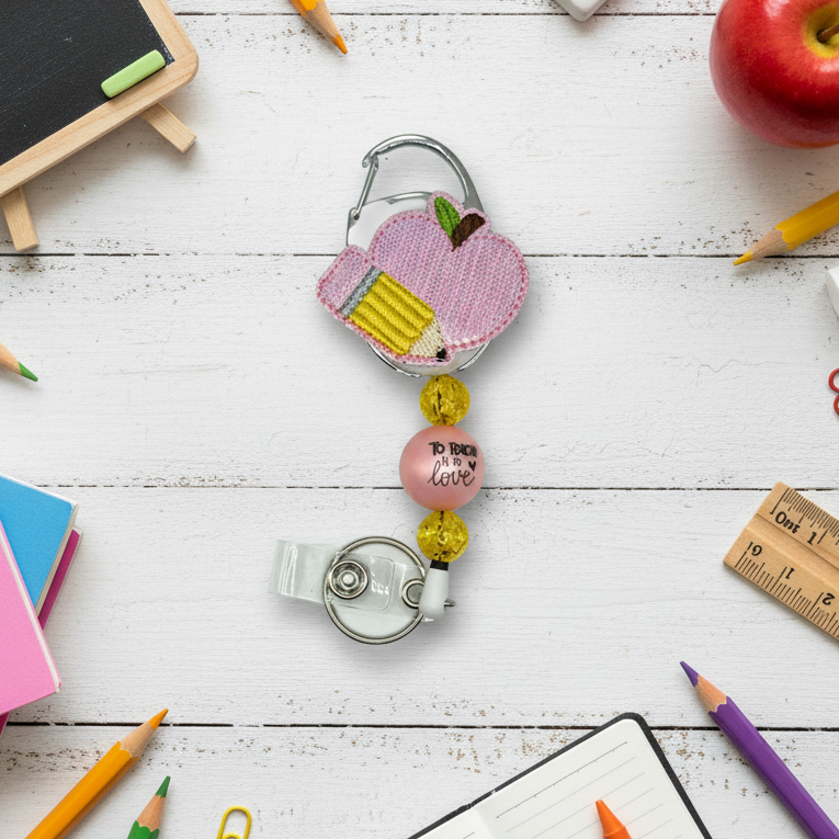 Pink Apple and Pencil Badge Reel