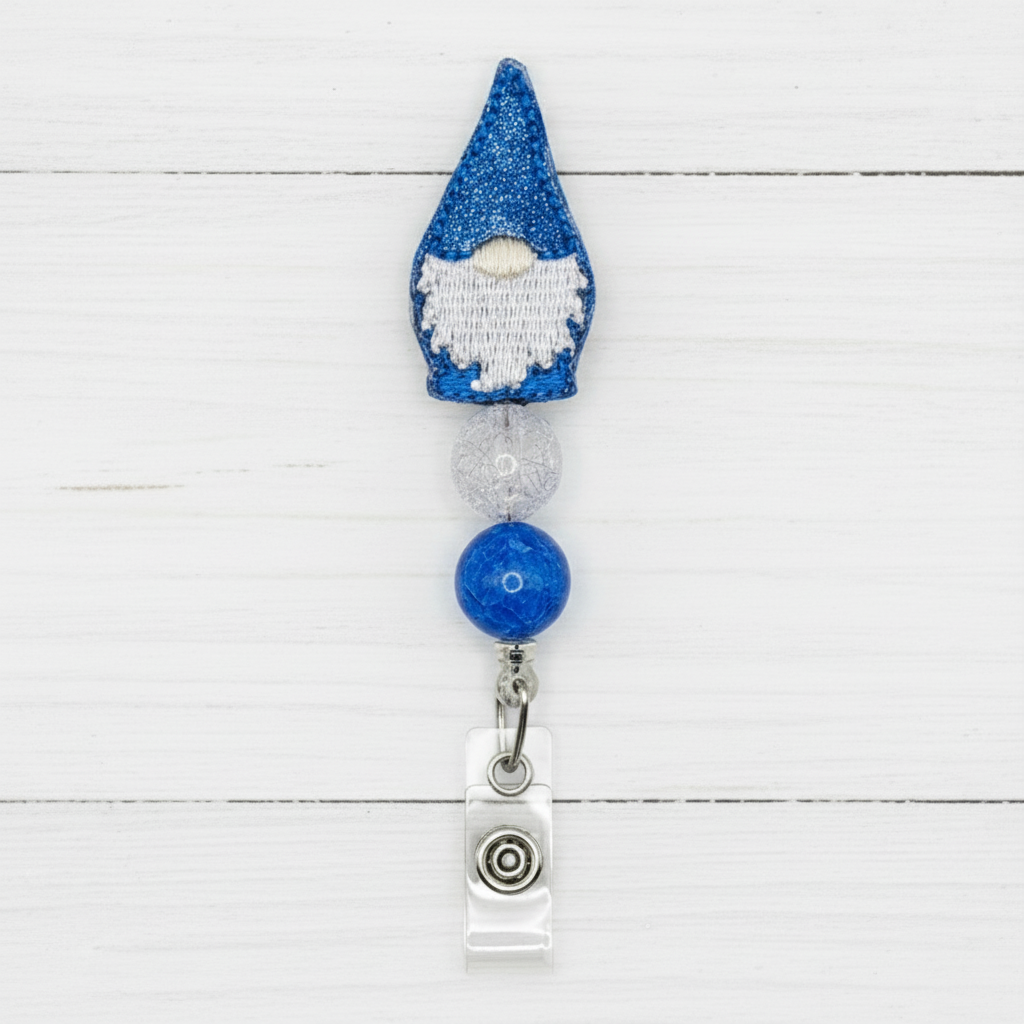Gnome-shaped badge holder with blue and white design on a white background